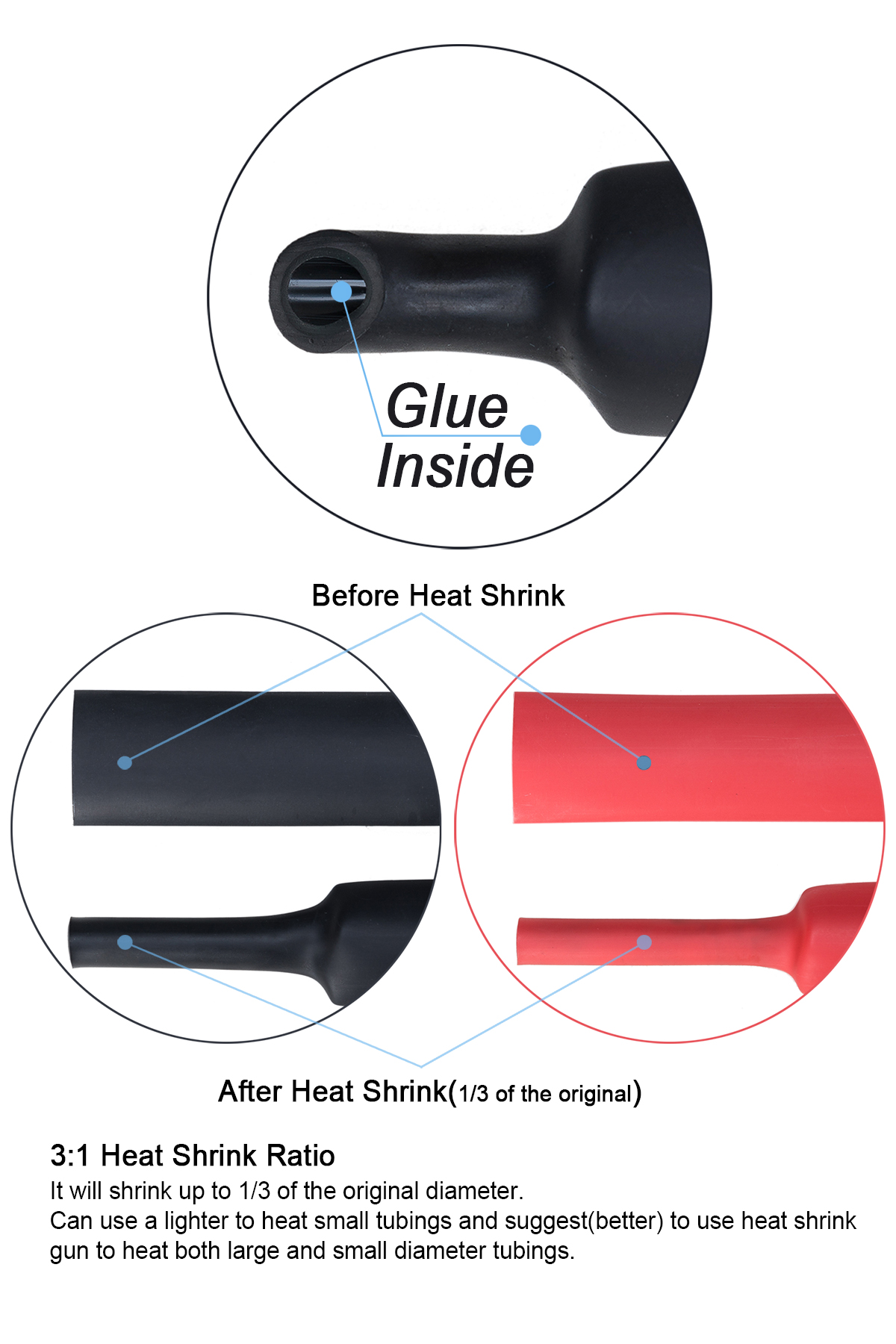 200PCS 3:1 Heat Shrink Tubing Dual-wall Adhesive Lined Tube 7 Sizes 1" 3/4" 1/2" 3/8" 1/4" 3/16" 1/8" for Electronic Electrical Cables Battery Terminal Connectors Wire Lugs Daily Repair