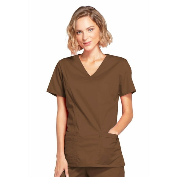 Cherokee Workwear Stretch Women Scrubs Top Mock Wrap, Plus Size, 4728, 4XL, Chocolate