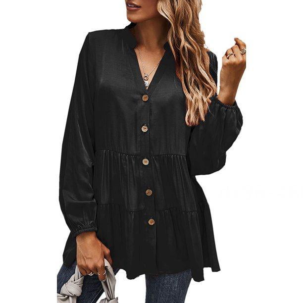 SHEFORER Button Down Shirts for Women Tunic Blouses V Neck Long Sleeve Shirts for Women Loose Fit Casual 