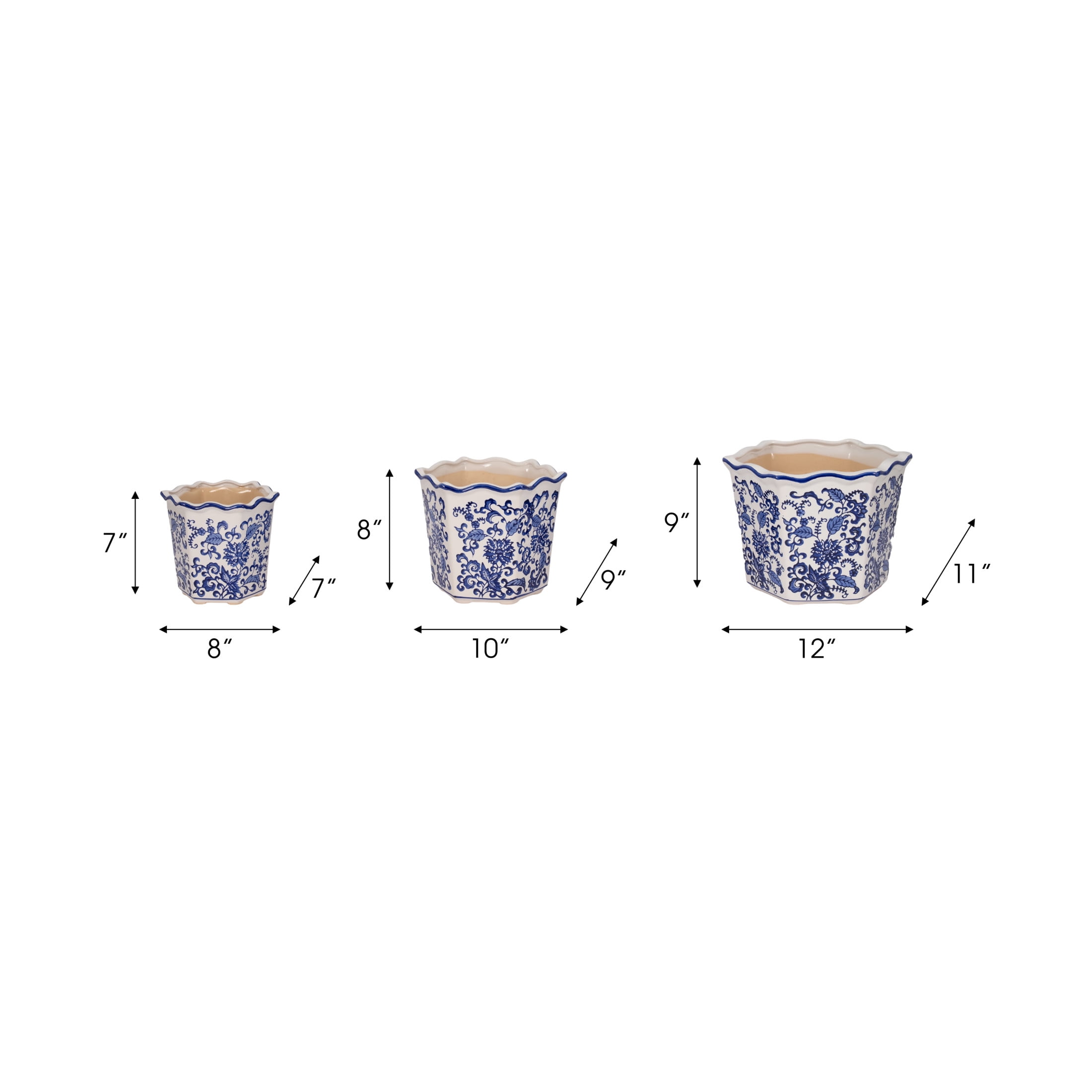 Chinoiserie Flower Pots for Home Decor - Stoneware Ceramic Bowls with Floral Design for Planters for Indoor and Outdoor Plants - Pots For Plants Accent for Garden - Set of 3, 9", 8", 7", Blue & White