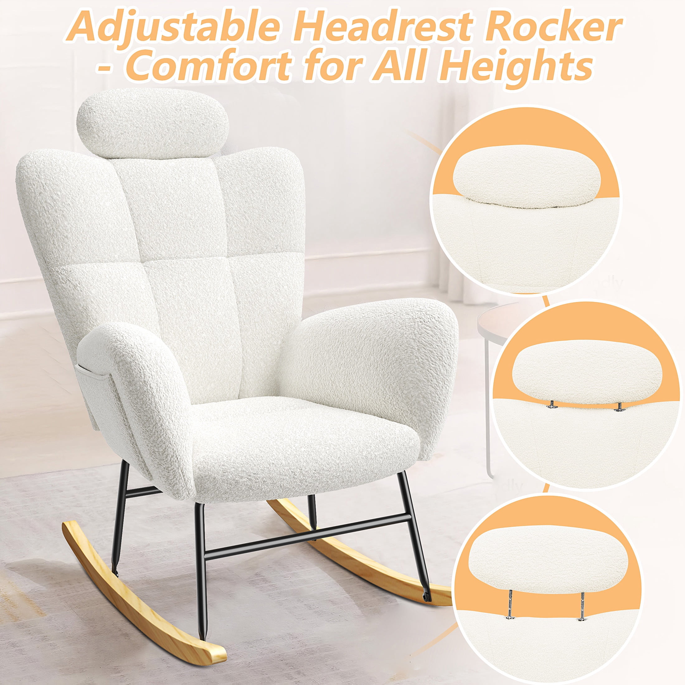 UHOMEPRO Modern Teddy Fabric Rocking Chair, Accent Rocker Chair with High Backrest, Accent Glider Rocker for Living Room Bedroom Playroom, White