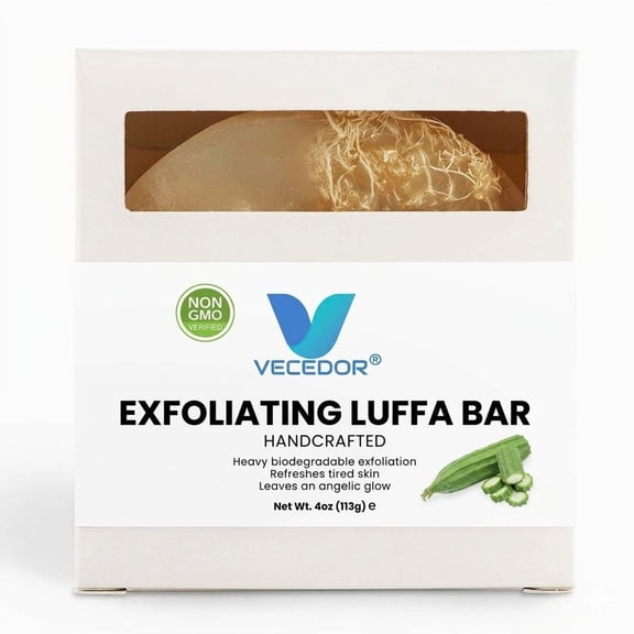 VECEDOR Exfoliating Luffa Bar – Natural Loofah Soap for Deep Cleansing  Smooth, Glowing Skin – Gentle Body Scrub, 4oz