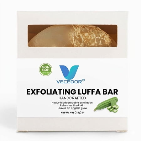 VECEDOR Exfoliating Luffa Bar – Natural Loofah Soap for Deep Cleansing Smooth, Glowing Skin – Gentle Body Scrub, 4oz