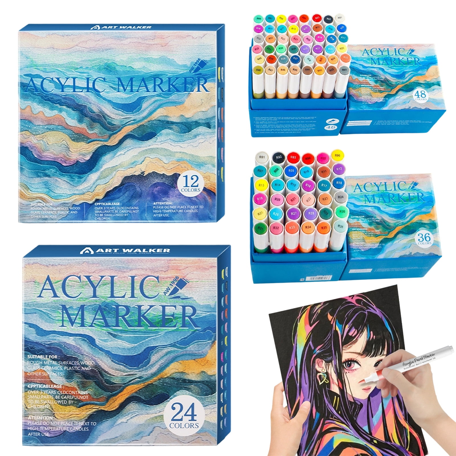 12/24/36/48 Colors Acrylic Paint Pens Marker Set for Rocks, Glass, Mugs, and Most Surfaces with 1-4mm Medium Tip Marker, Durable Soft Tip Watercolor Pens Artist Acrylic Markers(Blue3,4.2x3.3x5.7")