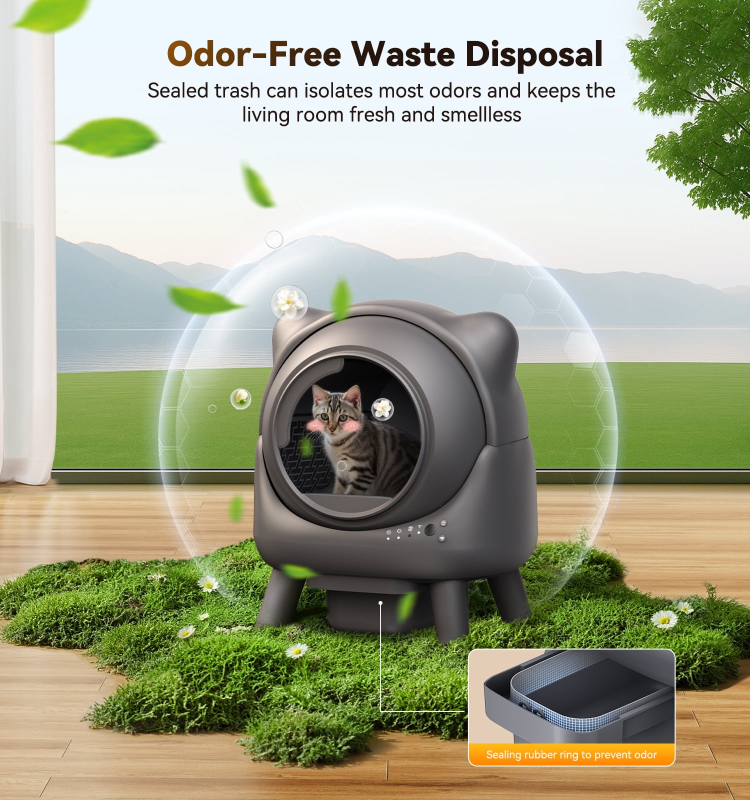 FeelNeedy Self Cleaning Cat Litter Box, 65L Large Automatic Litter Box with App Control Monitoring, Dual Safety Sensor, Odor Control, Includes Litter Mat and Waste Bags, Gray