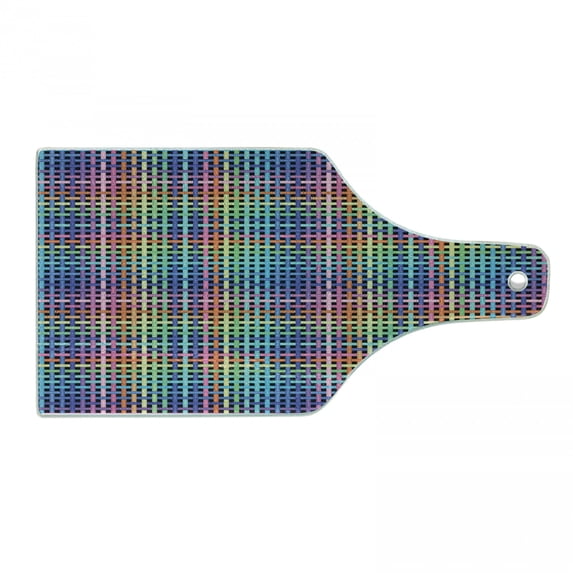 Colorful Cutting Board, Illustration of Crossed Stripes Knitted Pattern Abstract Composition of Squares, Tempered Glass Cutting and Serving Board, Wine Bottle Shape, Multicolor, by Ambesonne