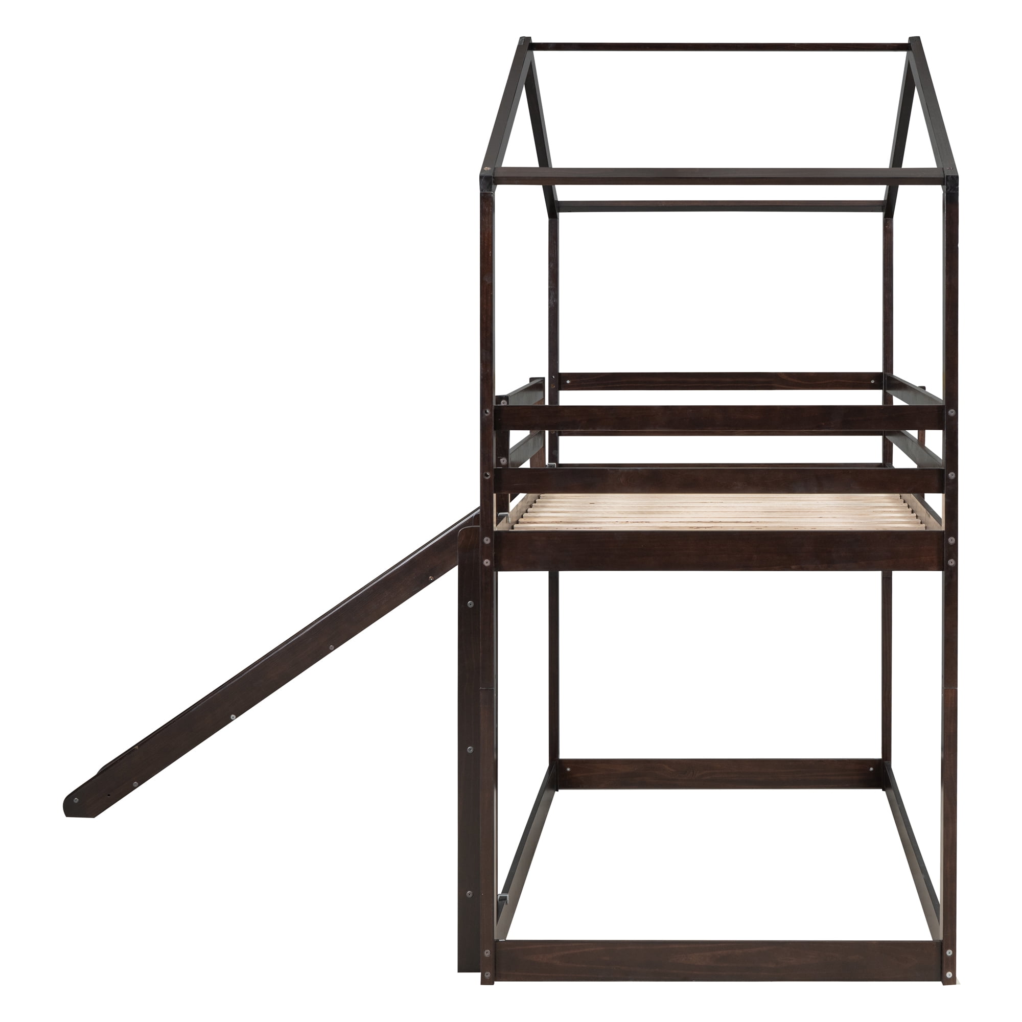 Euroco Twin over Twin House Bunk Bed with Slide, Convertible 2 Beds in One for Kids Bedroom, Espresso