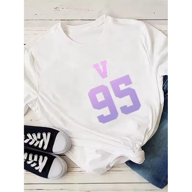 Women's "V95" Graphic Tee - Casual Crew Neck Short Sleeve T-Shirt, Stretchy & Soft Polyester Blend, Machine Washable, Perfect for Spring & Summer