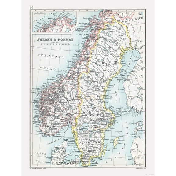 Historic Map - Sweden Norway - Bartholomew 1892 - Vintage Wall Art