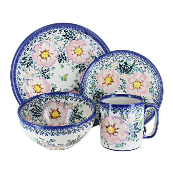 Blue Rose Polish Pottery Apple Blossom 4 Piece Place Setting - Service for 1