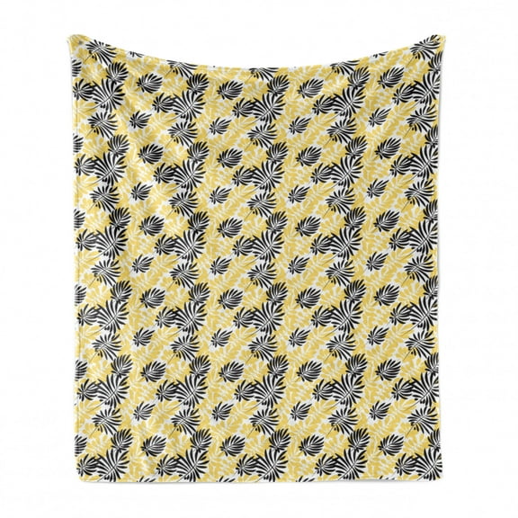 Yellow and Black Soft Flannel Fleece Throw Blanket, Foliage Leaves Pattern Bicolor Exotic Nature Design Spring Season, Cozy Plush for Indoor and Outdoor Use, 50" x 70", Yellow and Black, by Ambesonne