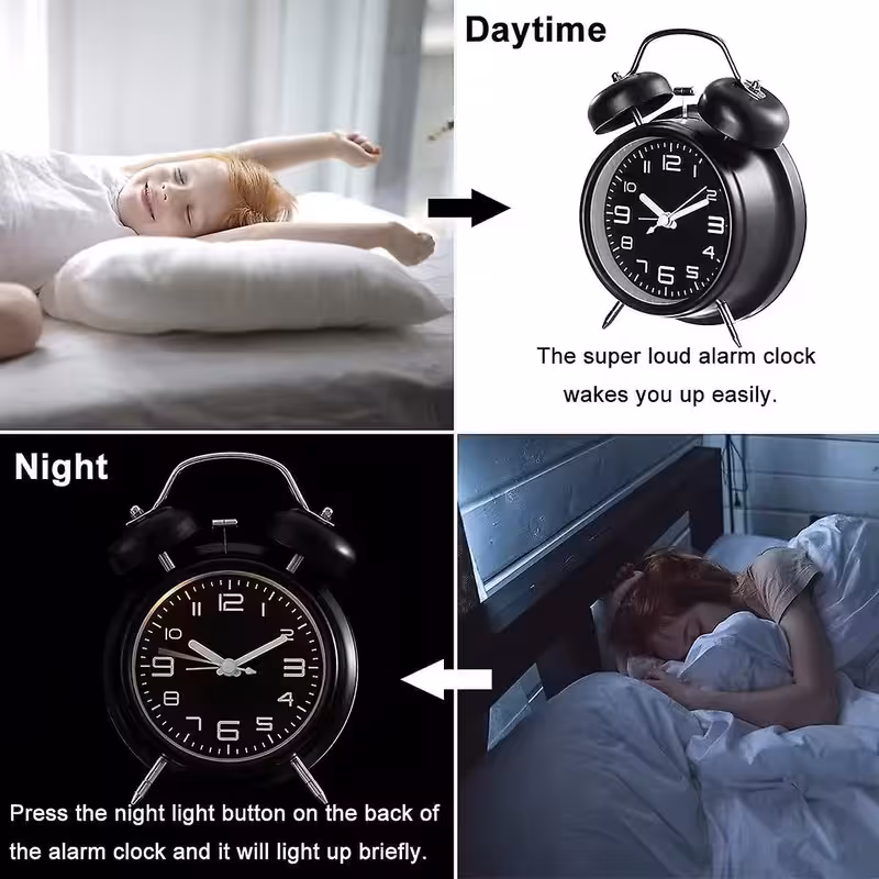 thumbnail image 3 of Reloj despertador fuerte para durmientes pesados: reloj despertador de doble campana, silencioso, sin tictac, 3 of 5