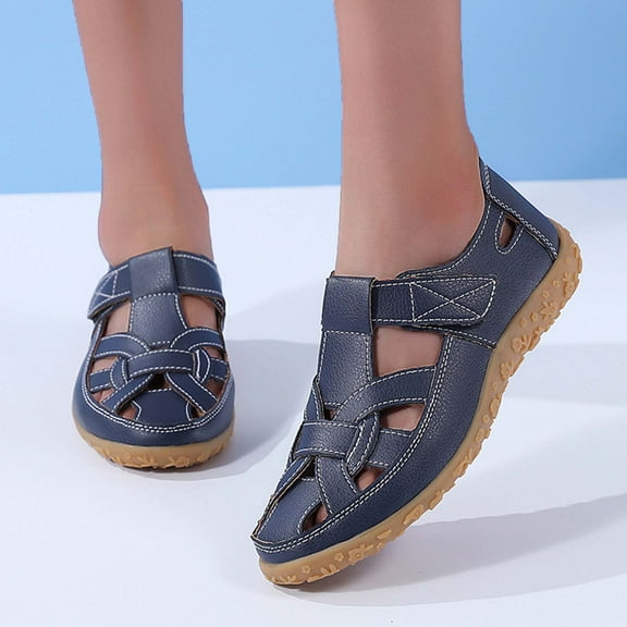 Closed Toe Summer Shoes for Women Dressy Comfy Beach Casual Peep Toe Sandals with Arch Support Vacation Non Slip Closed Toe Women's Retro Flat Sandals, Solid Color Hook & Loop Casual Outdoor Shoes