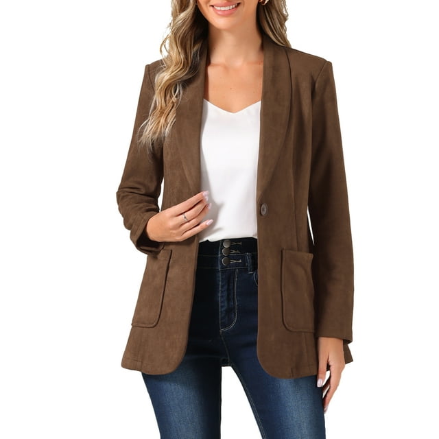 CHAQUETA DE TRAJE ELEGANTE Blazer de mujer con cuello de solapa y un botón de ante sintético color marrón