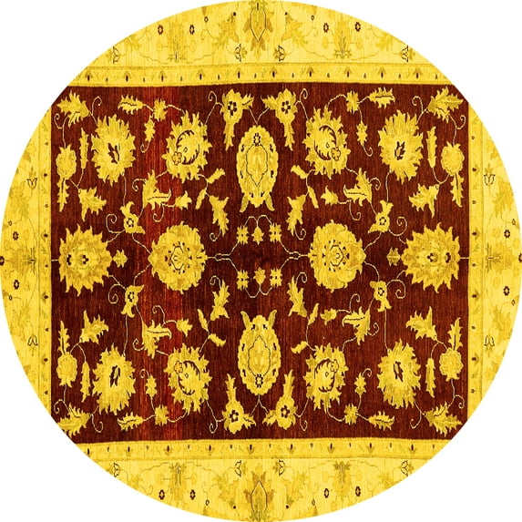 Ahgly Company Machine Washable Indoor Round Oriental Yellow Traditional Area Rugs, 5' Round