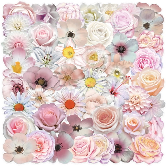 100-Pack Transparent Pink Flower Stickers, INS-Style Waterproof Clear PET Ephemera for Journal/Scrapbook, Guitar, Laptop, Notebook & Phone Case