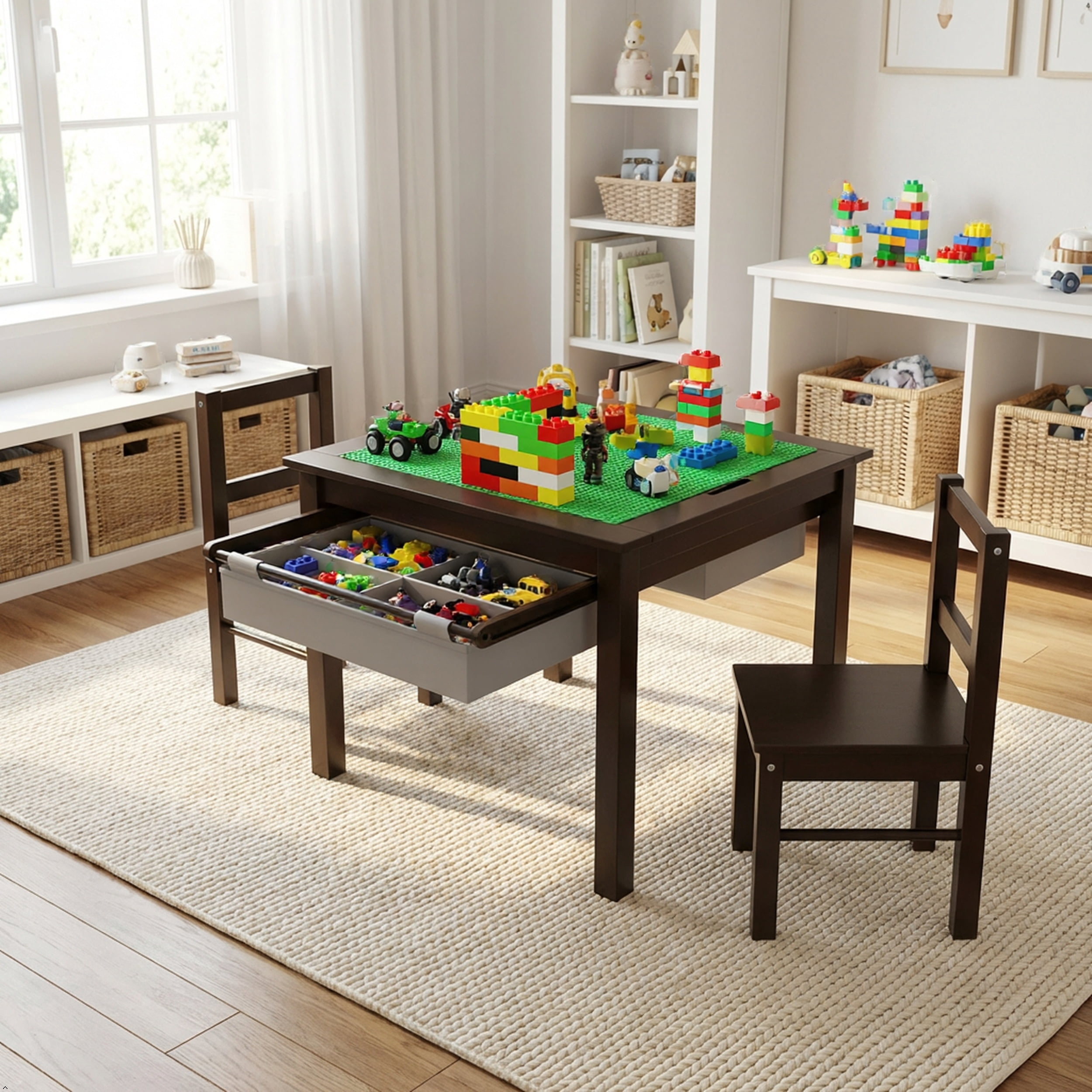 STAROUS Wooden 2 In 1 Kids Construction Play Table and 2 Chairs set with Storage Drawers and Built In Broad, Espresso with Gray Drawer