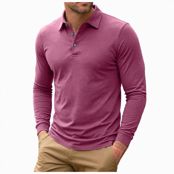 GEWSEY Mens Long Sleeve Polo Shirt Classic Casual Button Collared Fashion Golf Shirts (Hot Pink, 3XL)