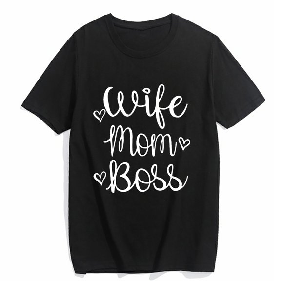 Wife Mom Boss Graphic Funny T Shirts for Women Cute Tee Top Black Large