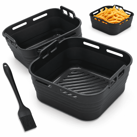 Silicone Air Fryer Liners,Foldable & Thickened with Handles,2-Pack 8.2"x3.5" Extra Deep Reusable Baskets with Oil Brush,Non-Stick 8inch Air Fryer Accessories,Black