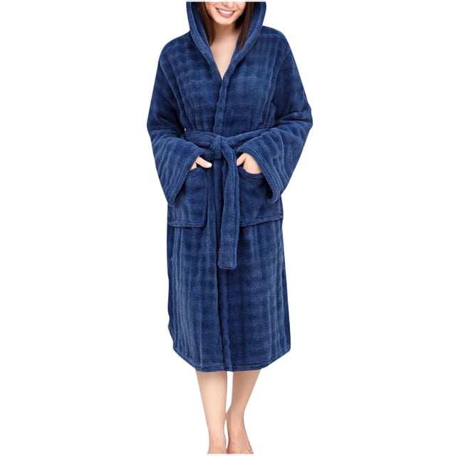 FRSASU Womens Robe, Coral Fleece Bathrobe with Hood, Hooded Robes for Women Plus Size Absorbent Strap Bath Robe Blue Free Size(Free Size)