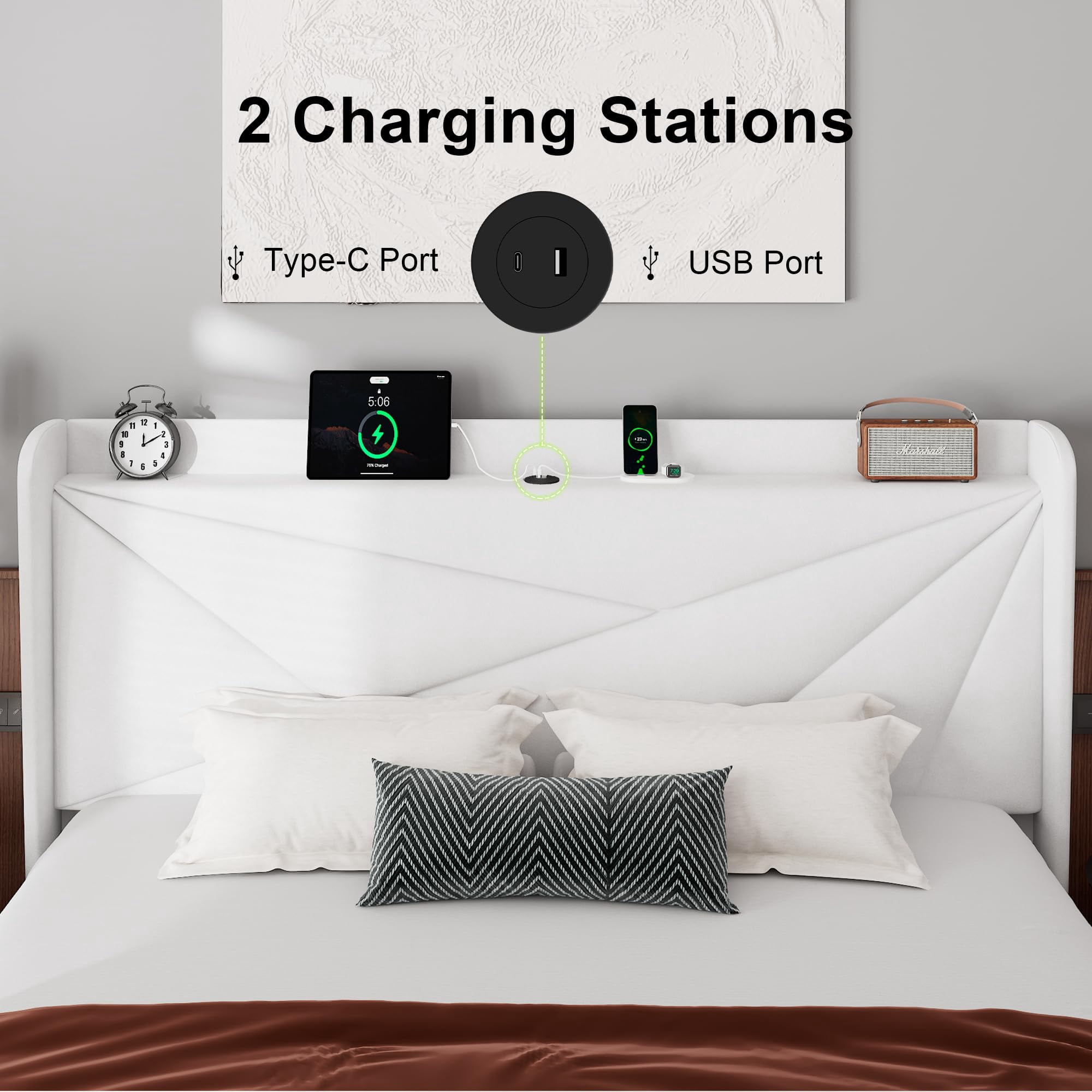 BSHTI King Size Platform Bed Frame with Charging Station (20W PD Type-C & USB), 2-in-1 Headboard, Modern Minimalist Design, Heavy-Duty Metal Frame, White