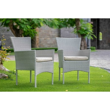 East West Furniture Bork Metal & Wicker Patio Dining Chair in Natural (Set of 2)