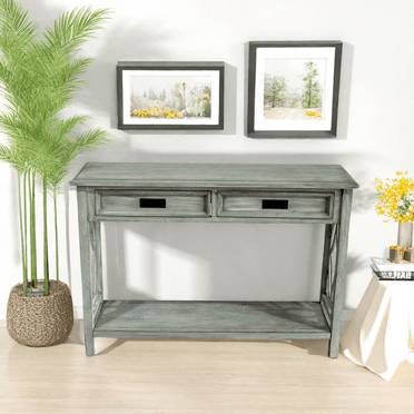 MIDODO Farmhouse Console Table, Wooden Entryway Table with 2 Drawers & Open Storage Shelf Versatile Narrow Sofa Table for Living Room