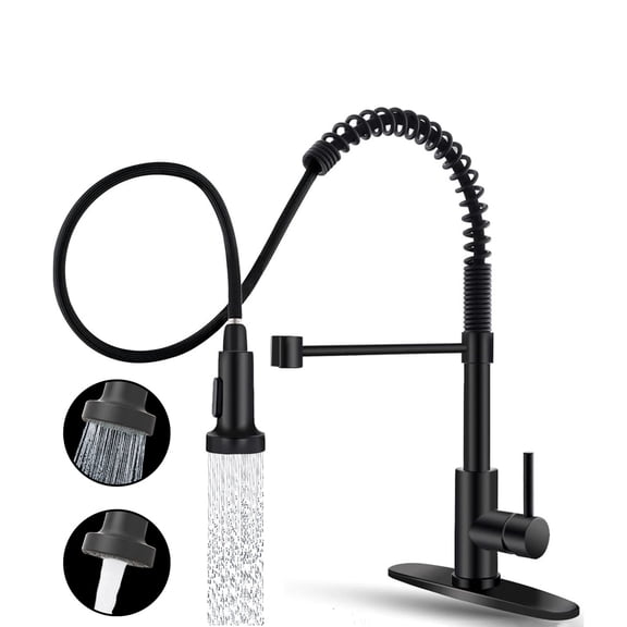 IUSU 20in Kitchen Faucet with Pull Down Sprayer, Brushed Nickel Commercial Spring Kitchen Sink Faucet Single Handle Pull Out Sink Faucets with Deck Plate Suit to 1 or 3 Holes Black