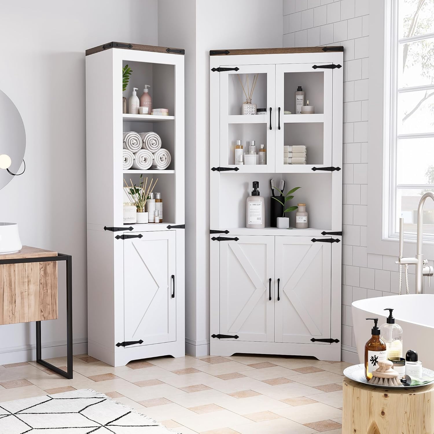 COZONY 67" Farmhouse Tall Corner Cabinet w/ Barn Doors, 5 Tier Bookcase Storage Cabinet with Adjustable Shelves, Freestanding Cabinet Organizer for Bathroom,Living Room,Kitchen,White