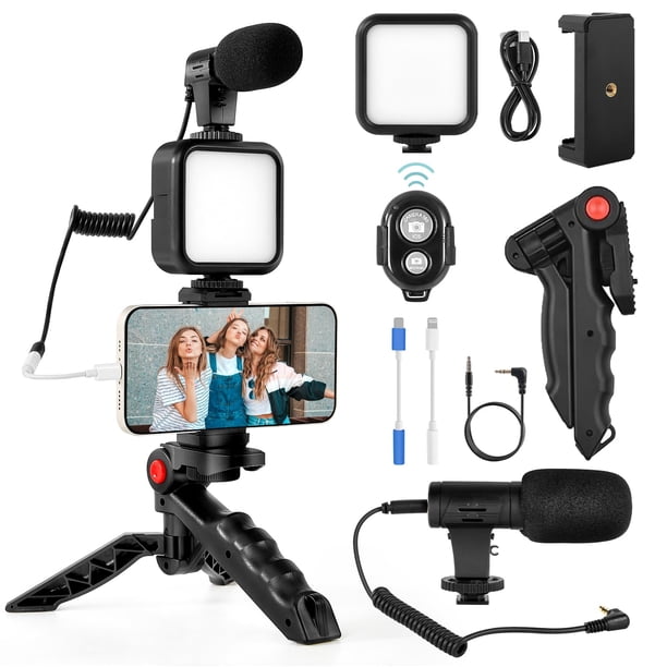 Kit de vlogs Kalofaye para iPhone y Android con trípode y luz LED