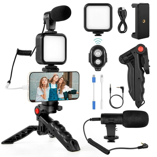 Kit de vlogs Kalofaye para iPhone y Android con trípode y luz LED