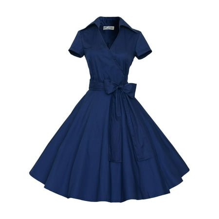 Women Vintage Dress 50S 60S Swing Pinup Retro Casual Housewife Party Ball Gown Fashion Short Sleeve turn-down collar Dresses