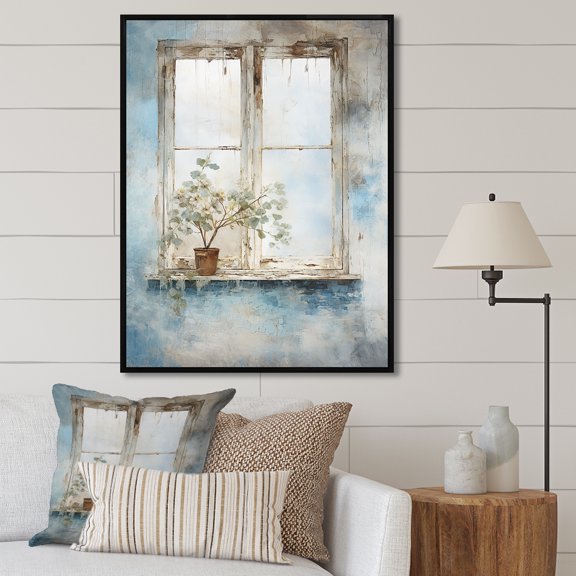 Designart "Minimalist Charm of Floral Windows in Blue and White II" Farm Framed Wall Art - Country White Farm Windows Bedroom Framed Canvas Wall Art