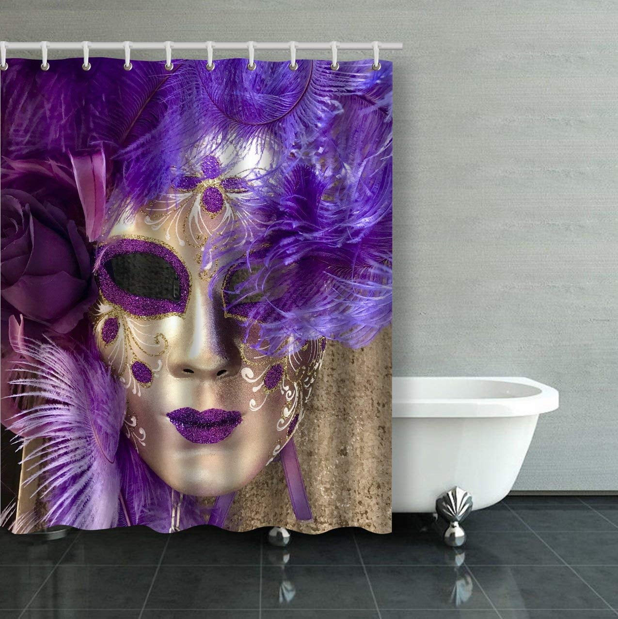 ARTJIA Purple And Gold Carnival Masquerade Mask Shower Curtain Bathroom Curtain 60x72