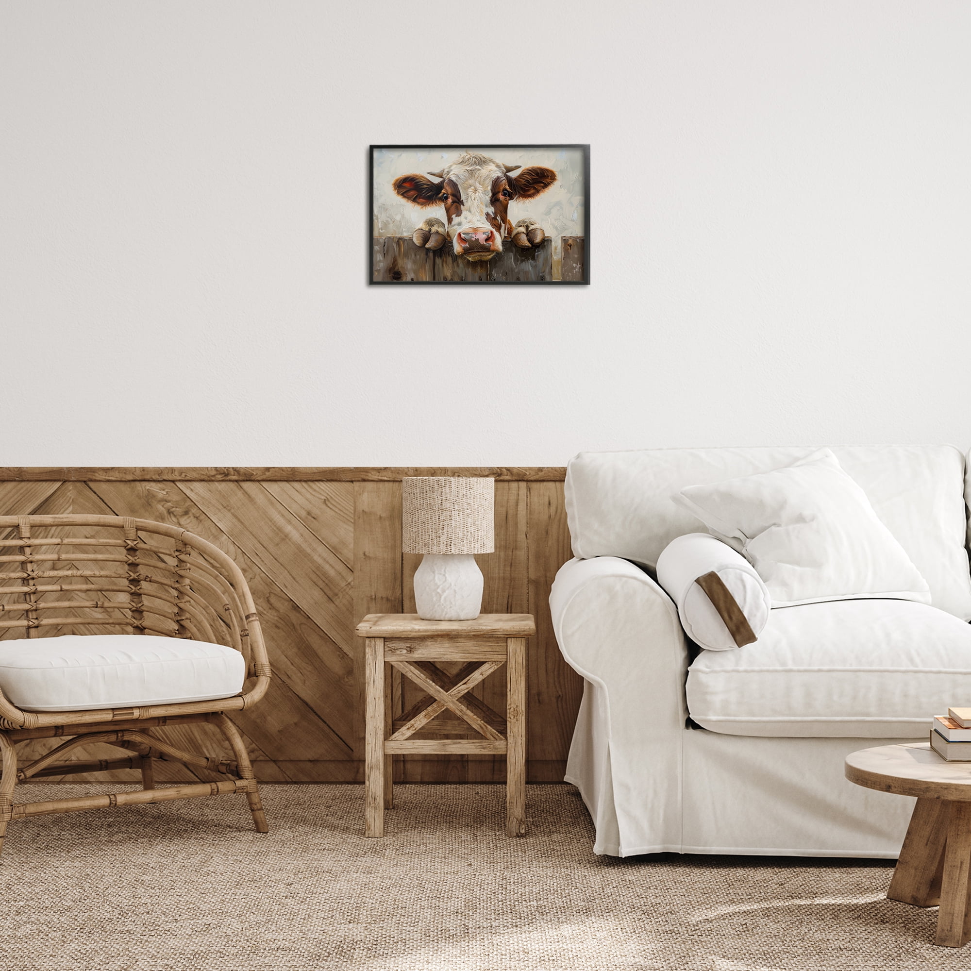 Stupell Industries Cow On Fence Animals & Insects Painting Black Framed Art Print Wall Art, 18 x 12