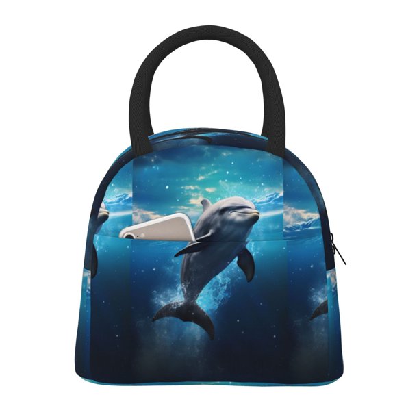 Easygdp Ice Blue Ocean Cute Dolphin Bolsa de Almuerzo Insulada Grande, Forro de Aluminio, Diseño Espacioso, a Prueba de Fugas, Ideal para Trabajo, Picnics, Viajes y Actividades al Aire Libre