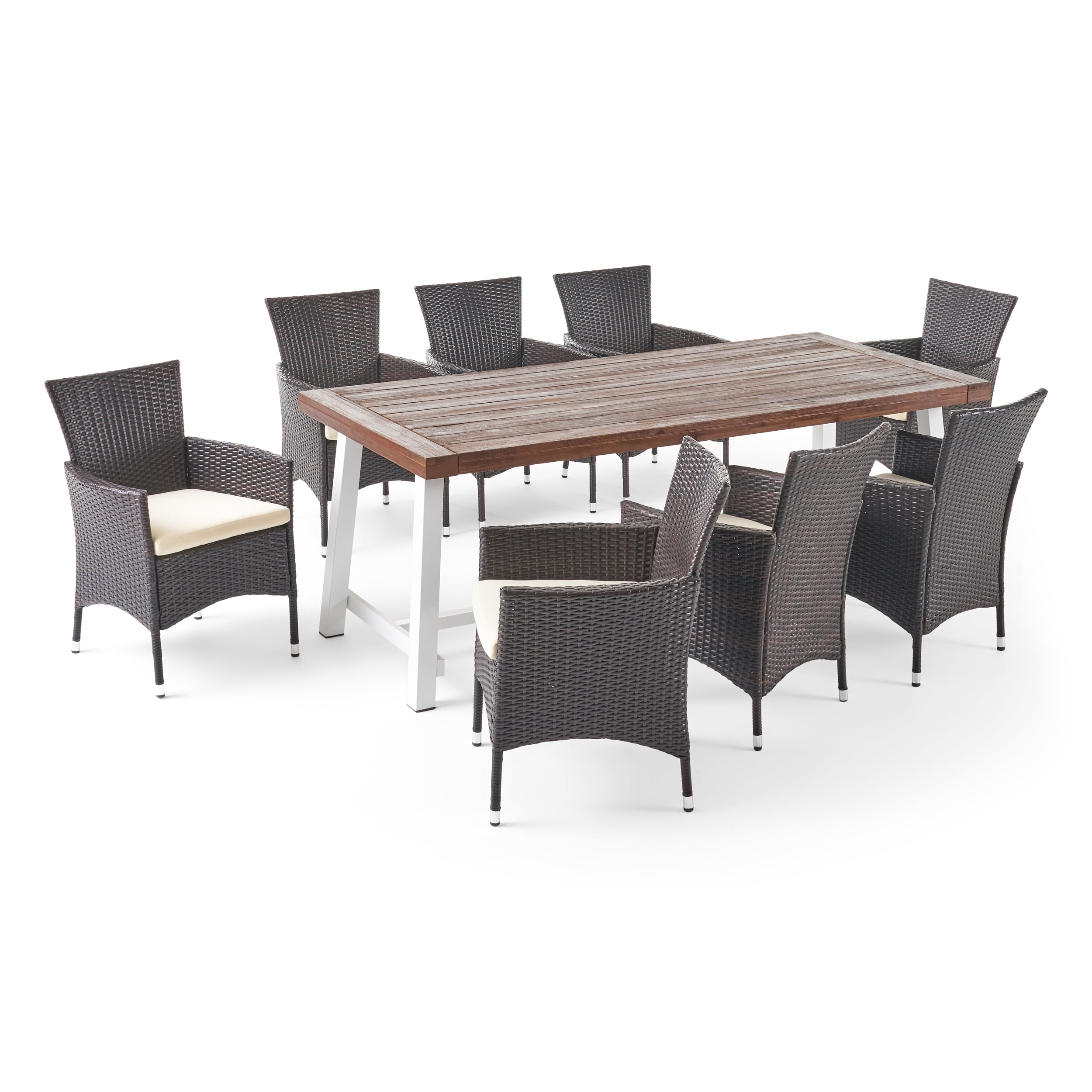 Titan Outdoor Wood and Wicker 8 Seater Dining Set, Dark Brown and Multibrown