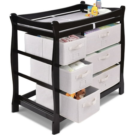 Costway Espresso Sleigh Style Baby Changing Table Diaper 6 Basket Drawer Storage
