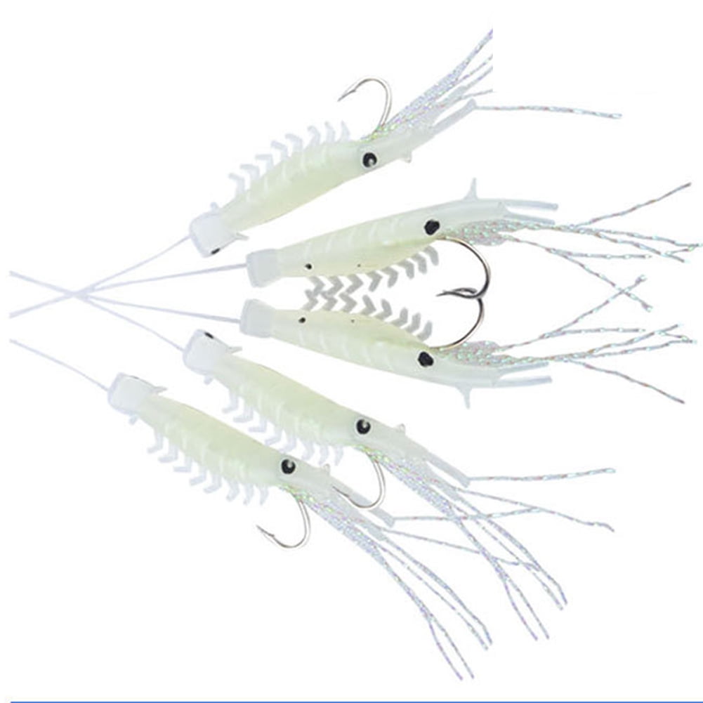 NEW 5 Shrimp Glow in the dark Fish Fishing Bait Lure Size 14 Hook Tackel Rig