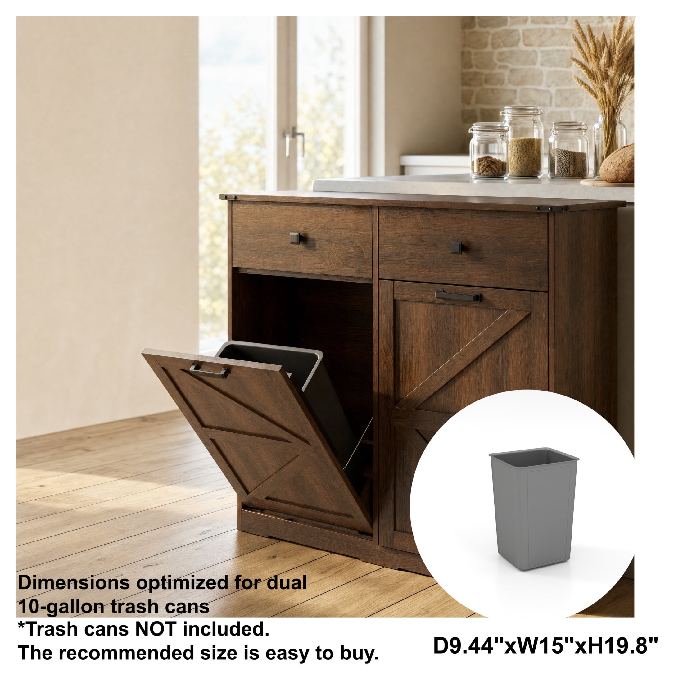 Noble House Farmhouse Double Tilt-Out Trash Cabinet with Drawers, Laundry Sorter Cabinet, Walnut