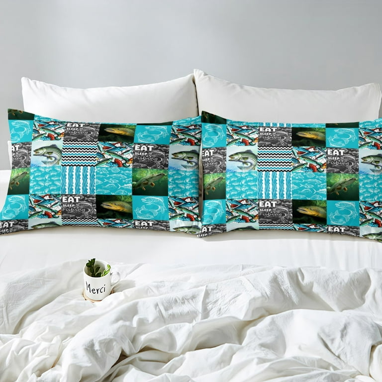 YST Big Bass Fish Bedding Set Twin Eat Sleep Fishing Bass Fish Comforter  Cover For Boys Teen Men Patchwork Green Big Pike Fish Duvet Cover Geometric  Stripes Bed Set With 1 Pillow
