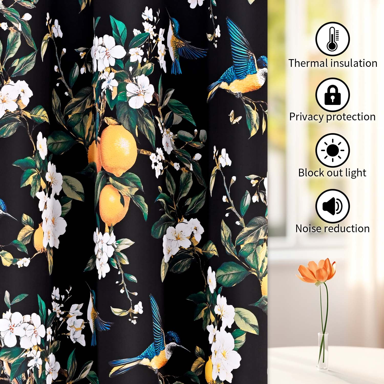 Alishomtll Floral Lemon Hummingbird Blackout Curtains Room Darkening Grommet Window Drapes for Living Room , 52" x84", ,Set of 2 Panels,Black