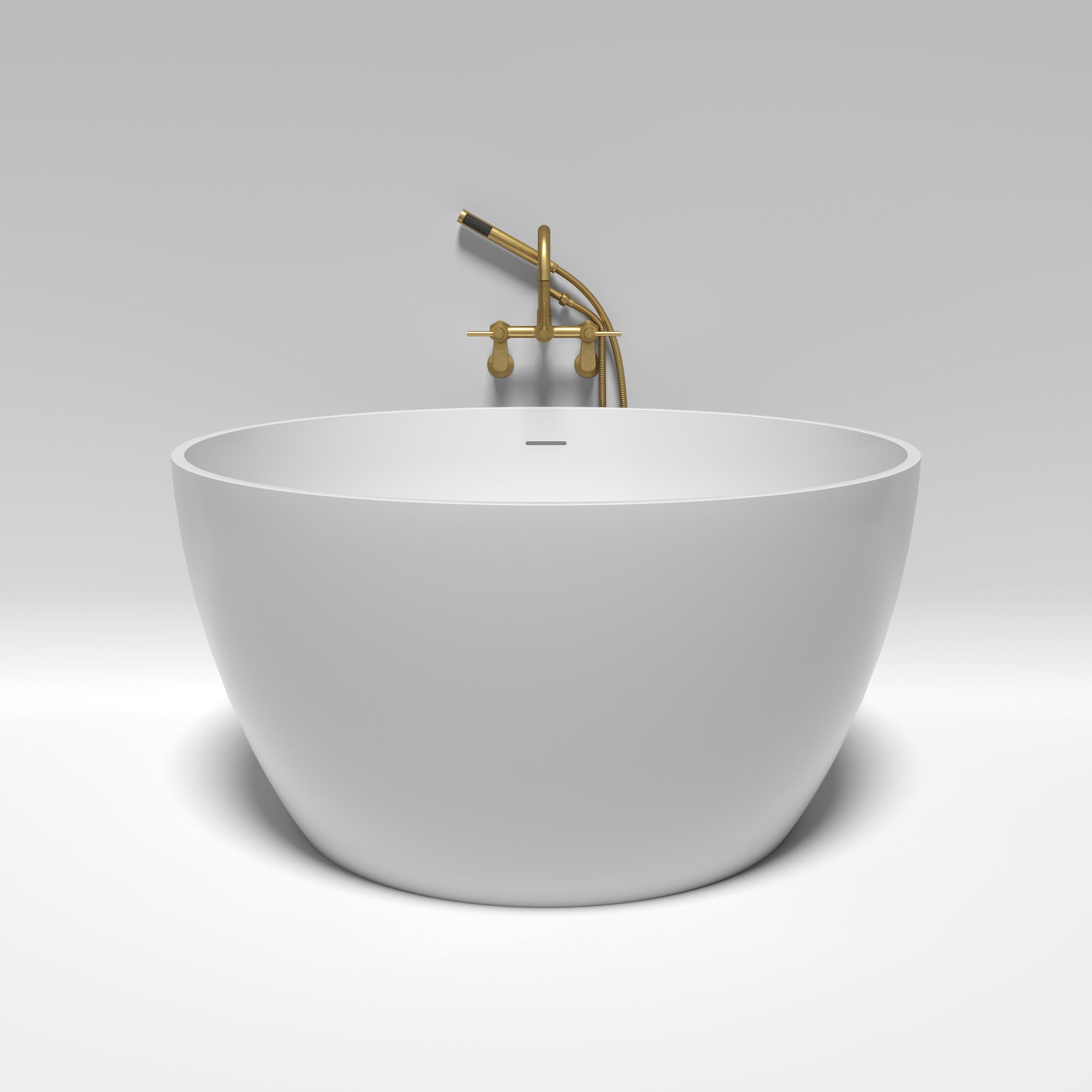 Kingston Brass KRTRO4545157DL 45-Inch Solid Surface Round Double Ended Freestanding Tub with Faucet Combo and Drain in Brushed Brass