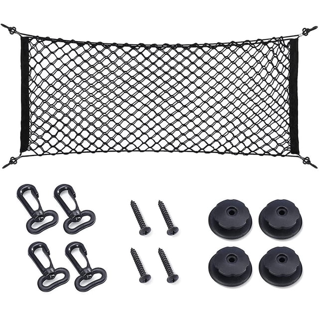 35.5 x 15.7 Inch Rear Cargo Net Adjustable Elastic Mesh Storage Organizer Large Capacity Stretchable Trunk Storage Net with Hooks and Screws for Car SUV Truck Van