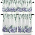 thumbnail image 2 of Eucalyptus Lavender Leaf 3 PCS Kitchen Curtain Valance and Tiers Set, Rod Pocket Small Half Tier Valances Window Curtains Panel, Country Purple Green Plant Leaves 55"x36" (Set of 2 Tiers & Valance), 2 of 5