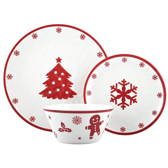 Melange 608410095588 36-Piece 100% Dinnerware Set Christmas Collection-Red Xmas Shatter-Proof and Chip-Resistant Melamine Dinner Plate, Salad Plate & Soup Bowl (12 Each), 10.5", White