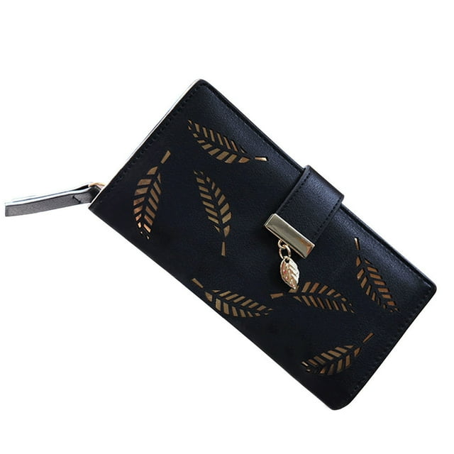 Cartera larga de mujer con diseño de hoja hueca | Cartera de mano con cremallera y hebilla a la moda | Billetera de cuero sintético | Gran capacidad | Múltiples ranuras para tarjetas | 19x9.5x3 cm