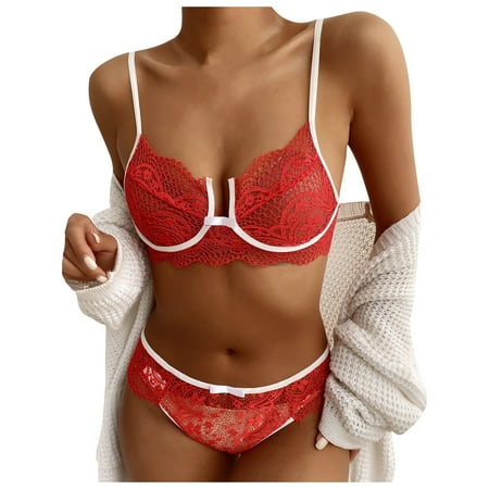 

XHJUN Lingerie Set with Garter Belt Sexy Embroidered Mesh Underwired Push Up Bra and Panty Lingerie Set Red XL