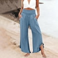 thumbnail image 2 of Nestiefly Linen Pants Women Summer Wide Leg Smocked Waist Ruffle Hem Pants Boho Flowy Beach Vacation Pant with Pockets Light Blue 3XL, 2 of 7